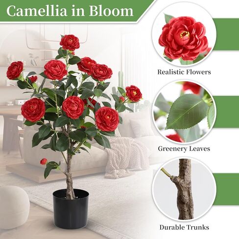 momoplant 31 Inch Artificial Camellia Tree 2 Pack Camellia Fake Flowers Plant Faux Tree with 2 Black Pots for Home Front Door Outdoor Indoor Decor in Saudi Arabia