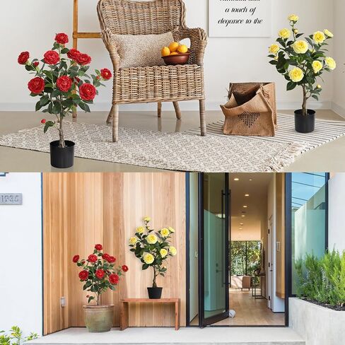 momoplant 31 Inch Artificial Camellia Tree 2 Pack Camellia Fake Flowers Plant Faux Tree with 2 Black Pots for Home Front Door Outdoor Indoor Decor in Saudi Arabia