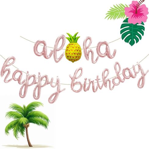 Aloha Happy Birthday Script/Cursive Gold Letter Balloons, 18 Inch Hawaiian Luau Birthday Party Decorations Supplies with Pineapple Foil Balloons Banner for Beach Tropical Flamingo Pool Party Favors in Saudi Arabia