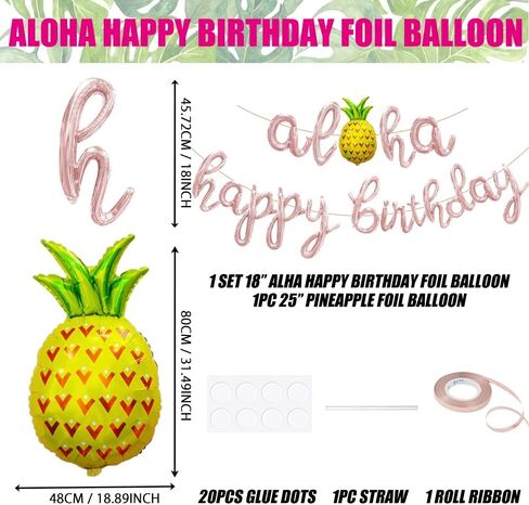Aloha Happy Birthday Script/Cursive Gold Letter Balloons, 18 Inch Hawaiian Luau Birthday Party Decorations Supplies with Pineapple Foil Balloons Banner for Beach Tropical Flamingo Pool Party Favors in Saudi Arabia