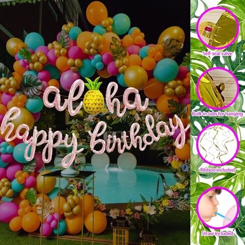 Aloha Happy Birthday Script/Cursive Gold Letter Balloons, 18 Inch Hawaiian Luau Birthday Party Decorations Supplies with Pineapple Foil Balloons Banner for Beach Tropical Flamingo Pool Party Favors in Saudi Arabia