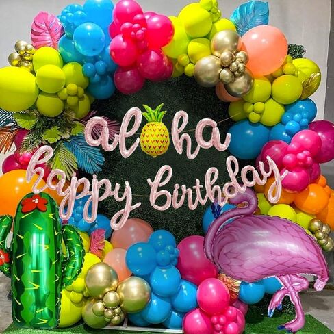 Aloha Happy Birthday Script/Cursive Gold Letter Balloons, 18 Inch Hawaiian Luau Birthday Party Decorations Supplies with Pineapple Foil Balloons Banner for Beach Tropical Flamingo Pool Party Favors in Saudi Arabia