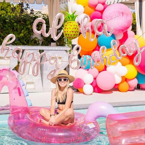 Aloha Happy Birthday Script/Cursive Gold Letter Balloons, 18 Inch Hawaiian Luau Birthday Party Decorations Supplies with Pineapple Foil Balloons Banner for Beach Tropical Flamingo Pool Party Favors in Saudi Arabia