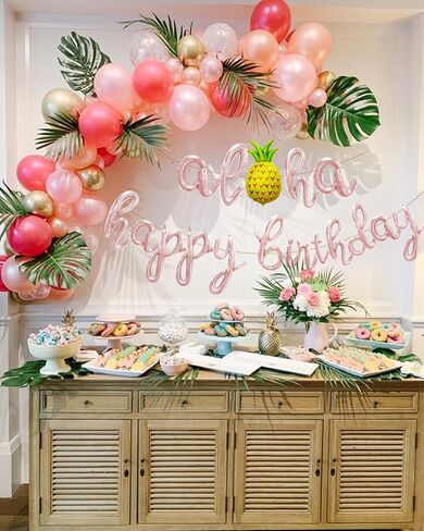 Aloha Happy Birthday Script/Cursive Gold Letter Balloons, 18 Inch Hawaiian Luau Birthday Party Decorations Supplies with Pineapple Foil Balloons Banner for Beach Tropical Flamingo Pool Party Favors in Saudi Arabia