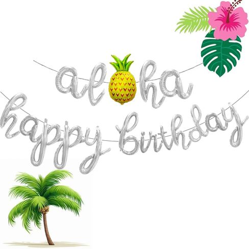 Aloha Happy Birthday Script/Cursive Gold Letter Balloons, 18 Inch Hawaiian Luau Birthday Party Decorations Supplies with Pineapple Foil Balloons Banner for Beach Tropical Flamingo Pool Party Favors in Saudi Arabia