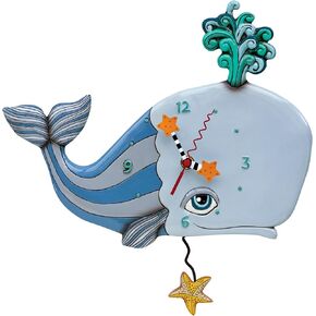 Allen Designs Enesco Spouting Off Happy Whale with Starfish Sculpted Pendulum Wall Clock, 13.25 Inch, Multicolor