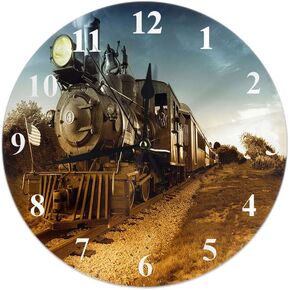 Moslion Train Clock Vintage Steam Engine Locomotive Train Moving Down Railroad Track Towards Camera Round Wall Clock Slient Non Ticking Rustic Home Decor 10 Inch for Kitchen Bathroom Office Brown Blue