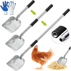 48 Inch Metal Chicken Coop Pooper Scooper (16 to 48 Inch) Long Handle Scooper with Detachable Stainless Steel Long Handle Gloves Accessory for Cleaning Chicken Coop(Black)