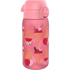 Ion8 Kids Water Bottle, Steel 400 ml/13 oz, Leak Proof, Easy to Open, Secure Lock, Dishwasher Safe, Flip Cover, Carry Handle, Easy Clean, Durable, Scratch Resistant, Raised Print, Ice Creams Design