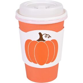 50Pcs Fall Disposable Coffee Cups with Lids and Sleeves Pumpkin Thanksgiving Orange 12oz Paper Drinking Cups To Go for Autumn Harvest Birthday Baby Shower Party Supplies