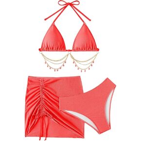 SHENHE Women's 3 Piece High Waist Halter Drawstring Bikini Swimsuit Set with Cover Up Skirt