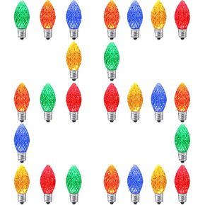 25 Pack C7 Cool White LED Replacement Christmas Light Faceted Bulbs, 0.72W, 2 SMD LEDs in Each Light Bulb, E12 Base, Commercial Grade Replacement Bulbs Dimmable Waterproof