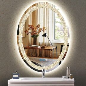 thekla 24 × 32 بوصة الحمام الكريستال البيضاوي مرآة الغرور مع أضواء 3 لون الكريستال البيضاوي مضاءة مرآة للحمام جدار البيضاوي مرآة LED عكس الضوء مكافحة الضباب الماس 32 كريستال الذكية البيضاوي تضيء مرآة