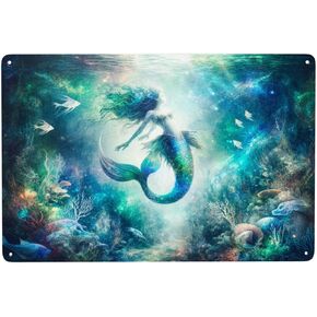 Enchanted Ocean Mermaid Metal signs Wall Art decor, Mystical Sea Nymph Tin Sign Decor, Whimsical Underwater Home Decor, for Themed Rooms and Gift for Fantasy Lovers 12x8inch