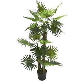 AMERIQUE 5 Feet Unique Tropical Fan Palm Tree Artificial Silk Plant, UV Protection, Indoor and Outdoor Display, with Nursery Plastic Pot, Feel Real Technology, Emerald Green