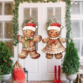 Shellwei 2 Pcs Christmas Gingerbread Hanging Sign Christmas Front Door Decorations, Hanging Decorations for Home Front Porch Walls, Indoor Outdoor Christmas Door Hanger