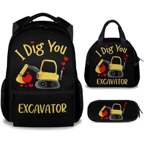Excavator School Backpack for Boys - 16 Inches Yellow Backpacks for Teens, Adults - Ergonomic Funny Bookbag for Kindergarten