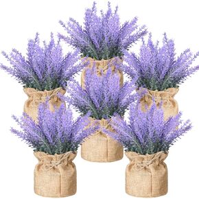 6 Pack Fake Potted Lavender Small Burlap Potted Lavender Flowers Charming Rustic Faux Artificial Lavender Burlap Potted Fake Lavender Plant for Home Bathroom Table Centerpieces Wedding Decor