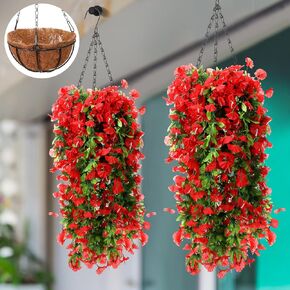 Hotop 2 Set Artificial Hanging Flower Basket and 6 Pcs Bougainvillea Silk Vine Flower for Outdoor Indoor UV Resistant Faux Hanging Plant Coconut Lining Hanging Planter Flower Pot(Red)