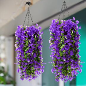 Hotop 2 Set Artificial Hanging Flower Basket and 6 Pcs Bougainvillea Silk Vine Flower for Outdoor Indoor UV Resistant Faux Hanging Plant Coconut Lining Hanging Planter Flower Pot(Red)