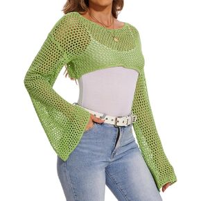 Women Long Sleeve Y2K Crop Tops Hollow Out Crochet Shrug Bolero top See Through Loose Cover Up Mesh Pullover