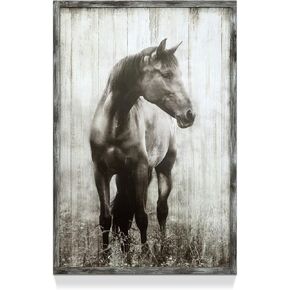 Horse Wooden Farmhouse Wall Art: Farmed Rustic Gray Horse Decor Nature Wildlife Portrait Painting Western Animals for Bedroom Farm 16x12