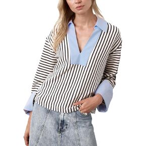Kedera Women's Oversized Striped Sweatshirts V Neck Long Sleeve Polo Shirts Collared Sweater Work Business Casual Top