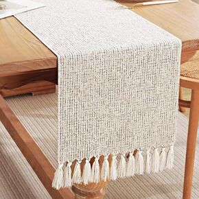 Rustic Table Runner Farmhouse Style, 13×108 Inch Beige Boho Table Runners, Burlap Linen Woven Runner for Dining Tables Holiday Party Christmas Everyday