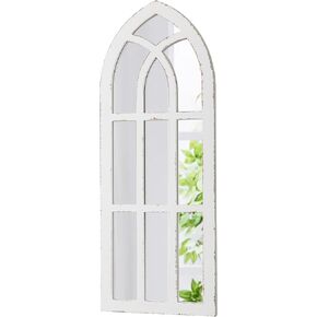 Rustic Long Arched Window Mirrors for Wall Decor 14 X 36 inch, Hanging Distressed White Window Pane Mirror, Handmade Farmhouse Wood Cathedral Mirror Window for Bathroom Living Room Entryway
