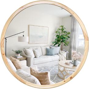 Circle Wooden Wall Mirror,39 inch Round Natural Wood Mirror Large Rustic Farmhouse Decor Mirror for The Living Room,Bathroom,Bedroom