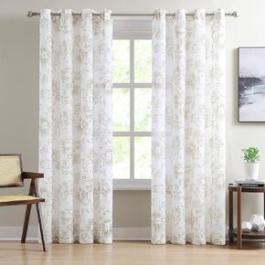 LinenZone White Living Room Curtains with Gold Flower Print and Embroidery. Sheer Textured Rustic Curtains with Floral Pattern for Cottage or Modern Farmhouse Decor. (Flora 54 x 84 Linen)