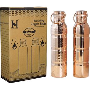 WITH HANDLE Set of 2 Copper Water Bottles Seamless For Ayurveda Health Benefits - 1000 Ml (33.81 Fl Oz)