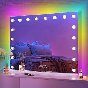 FENCHILIN RGB LED Vanity Mirror with Front Light and RGB Backlit Lighted Hollywood Makeup Mirror with 18 Dimmable Bulbs Smart Touch for Bedroom (32"x23") White