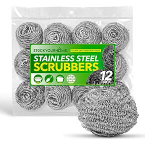 Stainless Steel Scrubber (12 Pack) Stainless Steel Wool Scrubber Sponge for Cleaning Dishes, Cast Iron Pots and Pans, Grills and Appliances, Heavy Duty Stainless Steel Scouring Pad for Tough Residue
