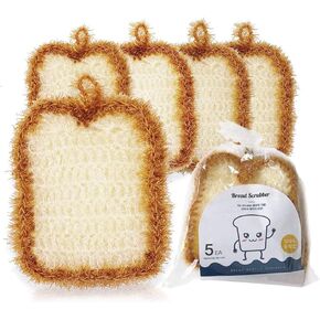 5 Pcs Cute Crochet Scrubbers, Toast Shaped No Odor Non-Scratch Reusable Scrub for Kitchen and Household Use Double Layered Scrubbers Cleaning Wash Sponge