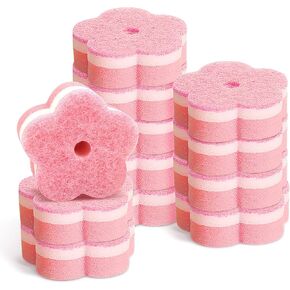 Ttansu Individually Wrapped Sponges, 24 Pack Multi-Use Scrunge Scrub Sponge, Flower Shaped Non-Scratch Scouring Pads,Dish Washing Cleaning Sponge (Pink)