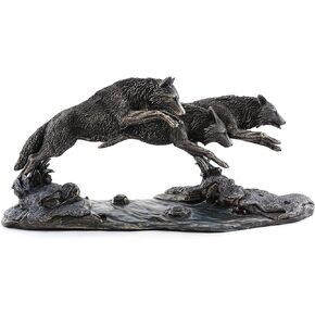 Top Collection Grey Wolves on The Run Replica Statue- Wolf Sculpture Designed by Jody Bergsma in Premium Cold Cast Bronze - 14-Inch Long Collectible Canine Dog Wild Life Animal Figurine