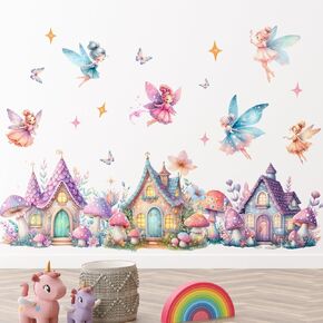 Amaonm Cartoon Princess Butterfly Girls Room Wall Decal Flower Angel with Rainbow Castles Wall Sticker DIY Peel and Stick Mushroom Wall Decor for Home Nursery Bedroom Bathroom (A)