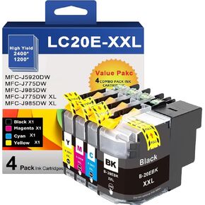 LC20E High Yield Ink Cartridges Replacement for Brother LC20E LC-20E XXL Ink Cartridges use with MFC-J985DW J775DW J5920DW J985DWXL Printer (BK/C/M/Y, 4 Pack)