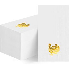 Horaldaily 50 Thanksgiving Disposable Paper Decorative Guest Napkins, Gold Foil Turkey Gobble Hand Towel for Party Lunch Dinner Kitchen Bathroom