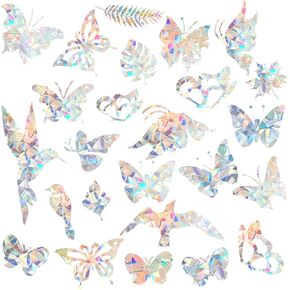 42Pcs Window Clings for Bird Strikes, Anti-Collision Window Decals to Save Birds from Window Collisions, Non Adhesive Prismatic Vinyl Window Clings (Leaf, Butterfly, Bird, Feather)