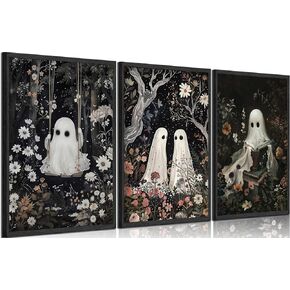 3Pcs Halloween Vintage Cute Ghost Wall Art Gothic Dark Academia Painting Picture Wall Decor Spooky Poster Print Artwork for Gallery Home Wall Living Room Bedroom Home Decoration (Poster, 12x16in)