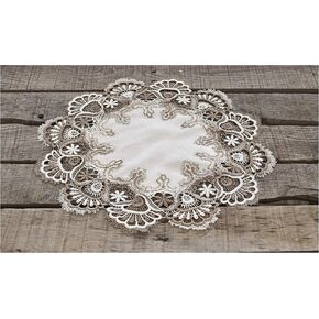White Cocoa Earth Tones Jacquard Peacock Tail Lace Doily, Placemat, Table Centerpiece (15 Inch Round)