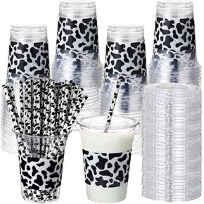 Sliner 50 Sets Plastic Cups Disposable with Lids and Paper Straws 16 oz Clear Drinking Cups for Checkered Flag Cow Print Themed Mexican Graduation Holiday Birthday Party(Checkered Racing Style)