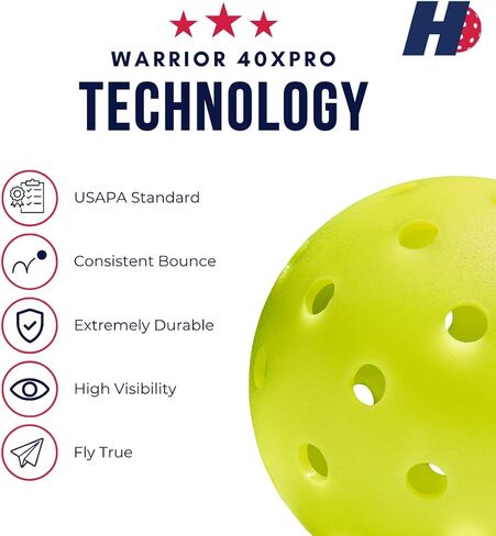 Hero Pickleball Warrior 40XPRO مملوكة للمحاربين القدامى - كرات بيكل بول المتينة. يلبي متطلبات Pickleballs في الولايات المتحدة الأمريكية. تعمل مع جميع مجاديف كرة البيسبول. الطيران والدوران المتسقان - 40 ثقبًا مثقوبًا آليًا in Saudi Arabia