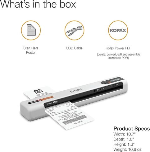 Epson RapidReceipt RR-70W Wireless Mobile Receipt and Color Document Scanner with Complimentary Receipt Management and PDF Software for PC and Mac in Saudi Arabia