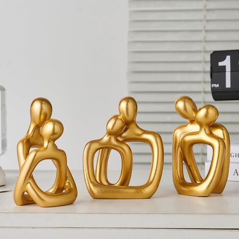 Octdays Gold Couple Statue Decoration: Abstract Lover Sculpture Set of 3 for Modern Home Decor Couple Hugging Figurines for Living Room Bedroom Nightstand Gifts for Anniversary Valentine in Saudi Arabia