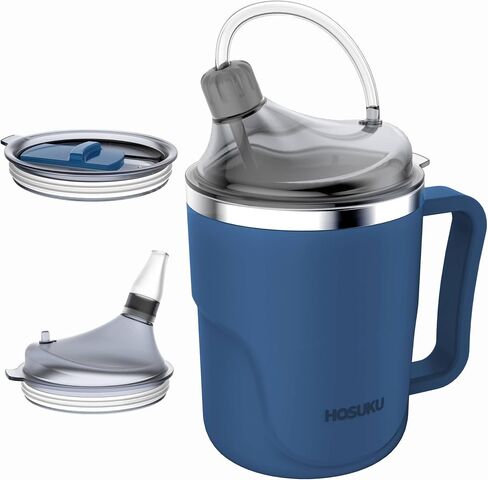 Spill-Proof Cup for Elderly, 13.5oz Stainless Steel Sippy Cup with Straw, Ideal for Seniors, Adults, and Maternity Use, Great for Water, Milk, and Soup (Blue) in Saudi Arabia