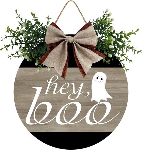 علامة Hey Boo Ghost الخشبية للباب الأمامي ريفي مستدير إكليل الجدار شماعات الشرفة ديكور المزرعة الديكور هدية الترحيب بالمنزل علامة خشبية معلقة 12 × 12 بوصة in Saudi Arabia