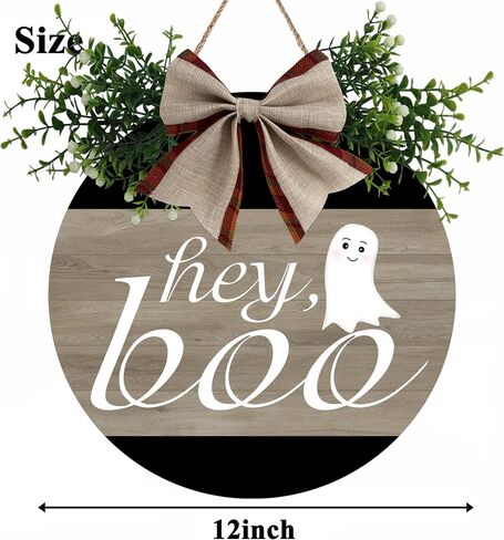 علامة Hey Boo Ghost الخشبية للباب الأمامي ريفي مستدير إكليل الجدار شماعات الشرفة ديكور المزرعة الديكور هدية الترحيب بالمنزل علامة خشبية معلقة 12 × 12 بوصة in Saudi Arabia